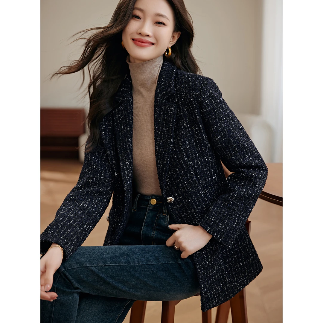 沫晗依美西装外套2025春季小香风通勤质感时髦百搭黑色西装外套女