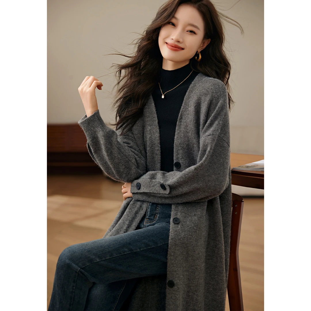 沫晗依美冬季新款时尚气质休闲保暖女外套慵懒风开衫长款针织大衣