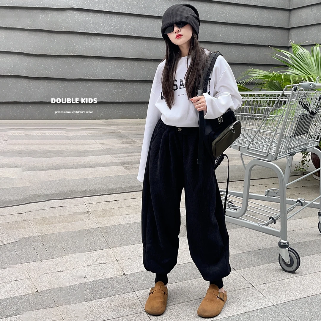韩版灯芯绒女童加绒裤子冬款假两件毛衣中大童时尚保暖洋气束脚潮