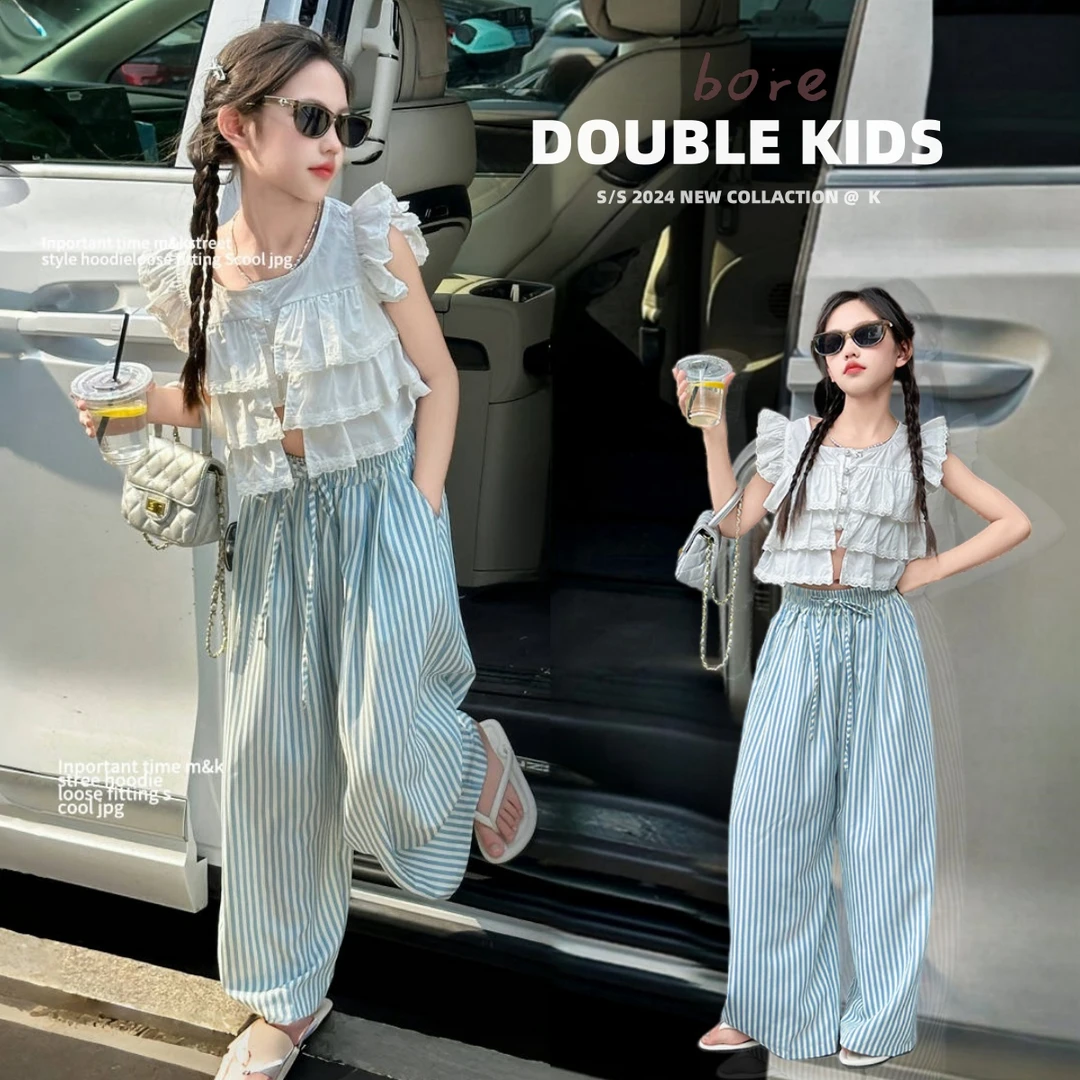 韩版女童蕾丝荷叶边衬衫条纹裤子套装休闲夏季洋气阔腿宽松显瘦潮