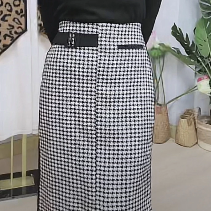 【红姐推荐】雅·羊毛经典黑白格简约直筒修身半裙
