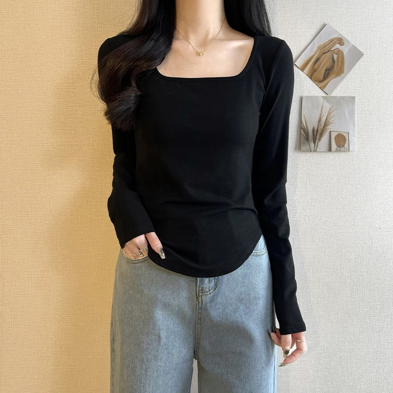 黑色方领长袖打底衫女2025新款秋冬季内搭遮肚子正肩百搭小上衣