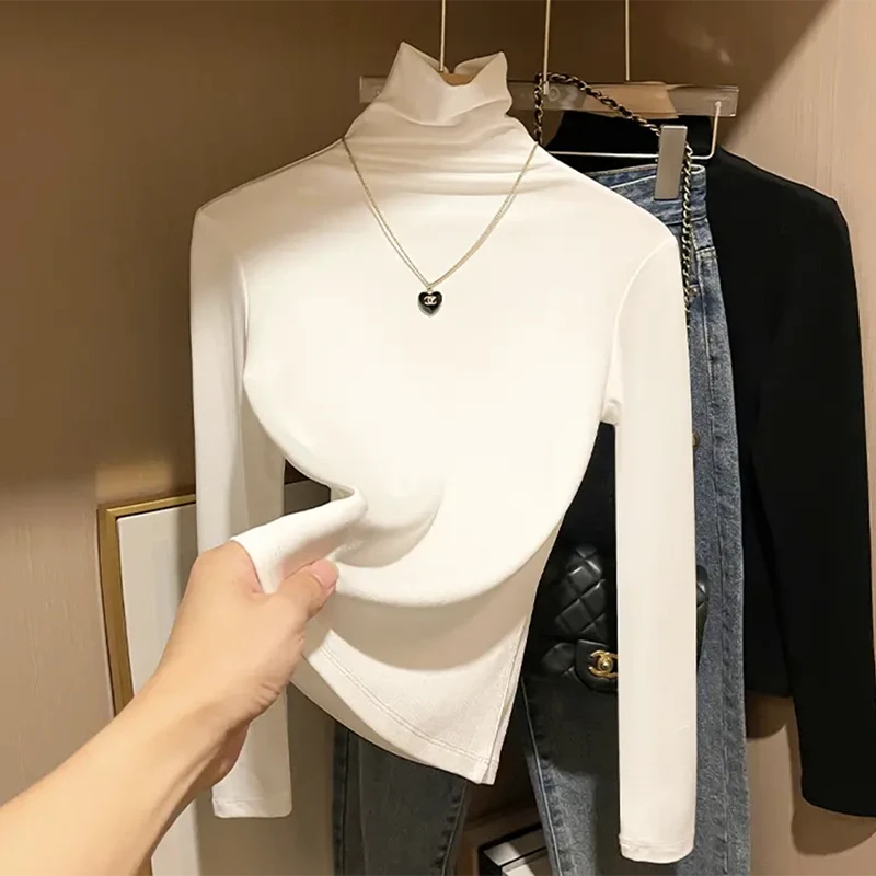 女高领打底衫内搭加绒白色修身长袖紧身百搭上衣秋冬洋气显瘦秋季