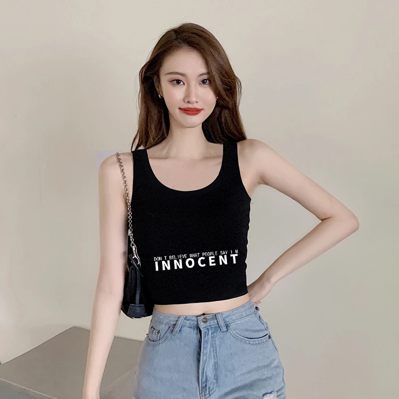 黑色短款吊带背心女夏外穿u领无袖美背印花内搭打底运动t恤上衣潮