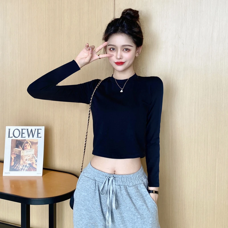 黑色长袖t恤女紧身高腰露脐短款上衣修身半高领打底衫潮春秋季