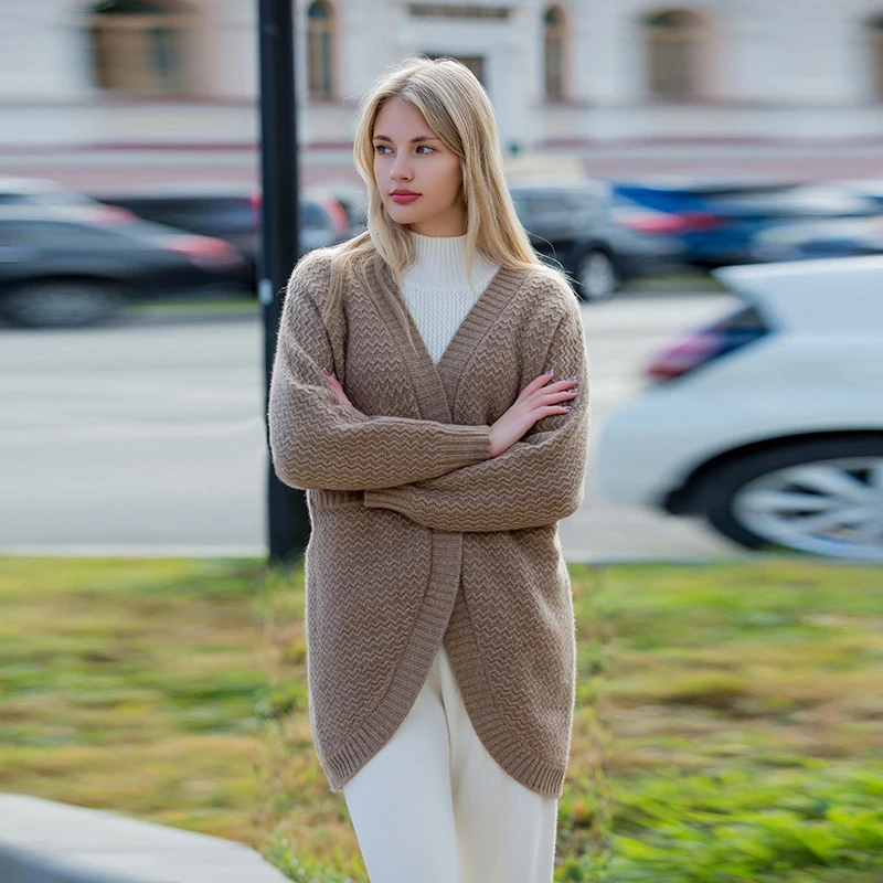 女士新款五针加厚燕尾无扣V领100羊绒大开衫针织时尚宽松中长款