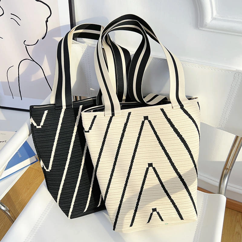 【果果家·】英式波浪纹单肩包大容量托特包细密编制敞口挎包通勤包