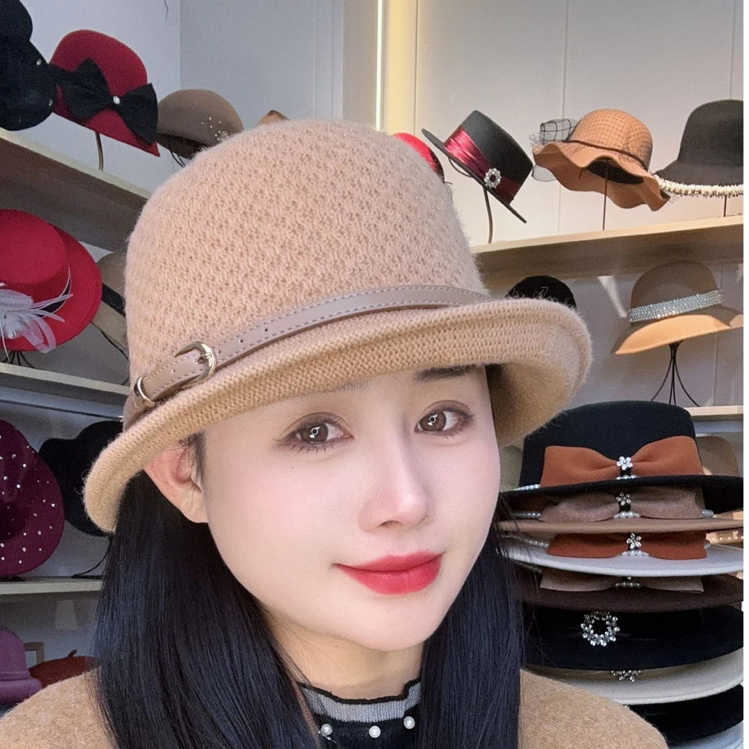 针织百搭盆帽渔夫帽秋冬季优雅气质皮扣新款优雅帽子