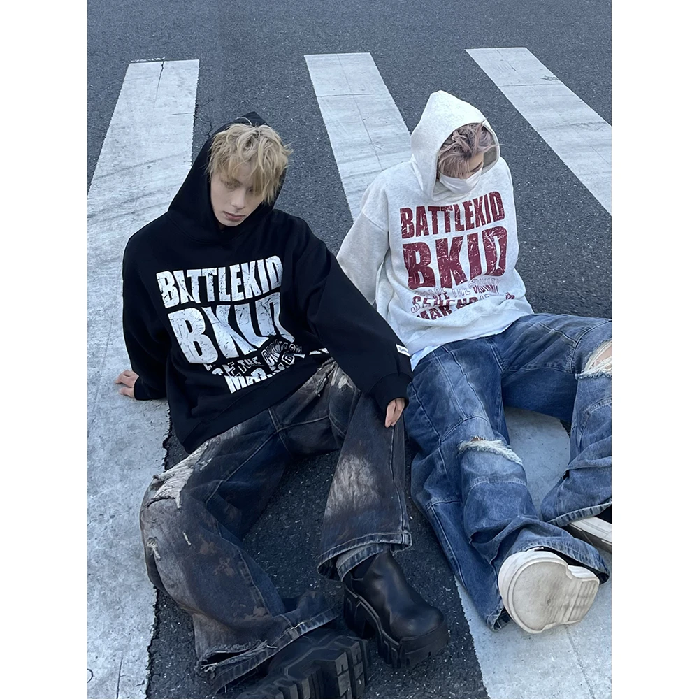 美式复古做旧斑驳字母印花连帽卫衣男国潮百搭情侣宽松休闲帽衫潮