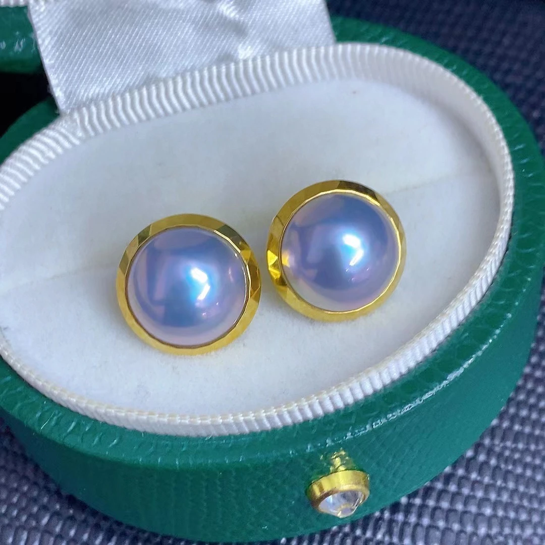 18K金镶嵌海水星空蓝马贝时尚耳钉带托15-16mm气质百搭圆形炫彩