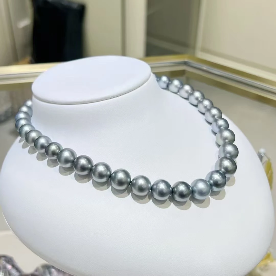 12-13mm黑色大溪地海水珍珠项链铂金灰色系气质灰色极光百搭送妈