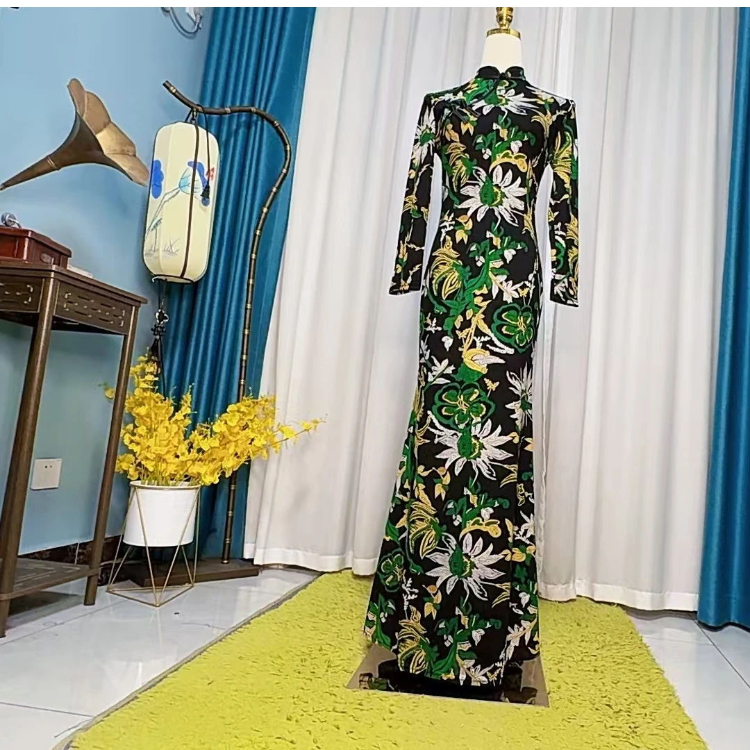 02001碧朗福复古显瘦气质春秋款时尚改良百搭印花旗袍鱼尾裙