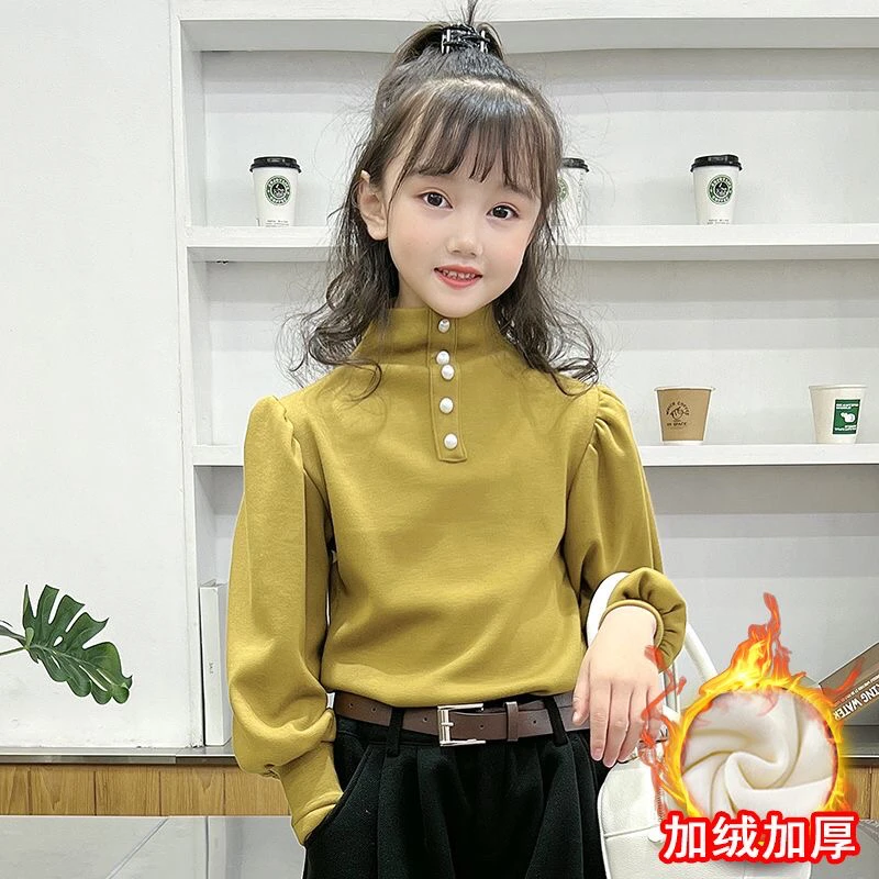 女童打底衫加绒加厚秋冬装2025新款洋气儿童设计感泡泡袖时尚上衣