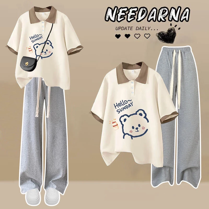 女童夏季小清新套装女宽松小熊polo领T恤+阔腿裤中大童两件套潮