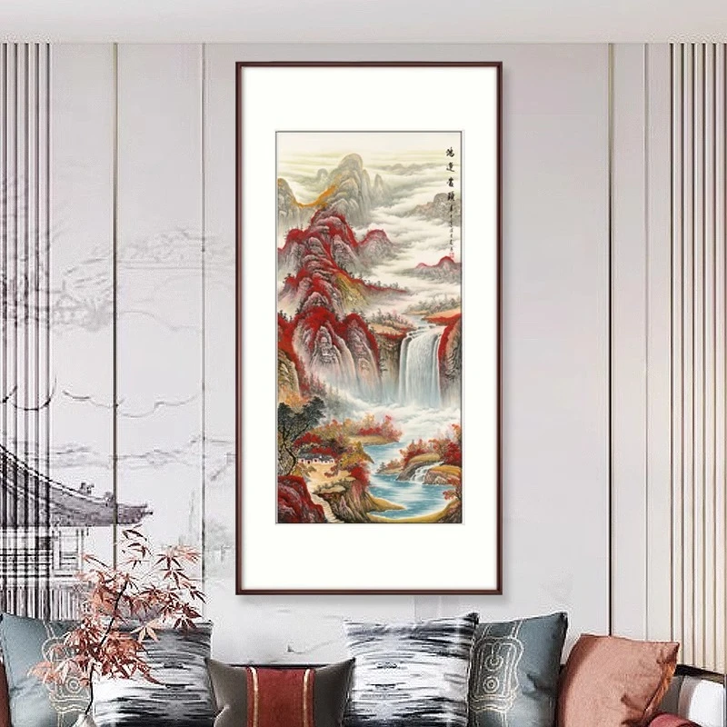 鸿运当头中式玄关装饰画国画山水画走廊过道竖版客厅挂画办公室