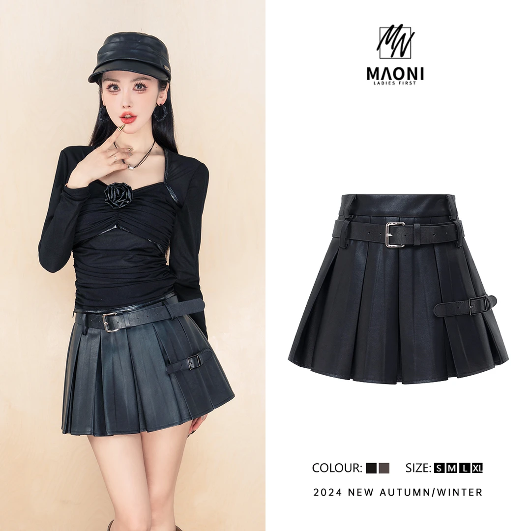 毛妮Peshe【复古调调】2024秋冬气质显瘦百褶小众短裤裙配腰带D9847