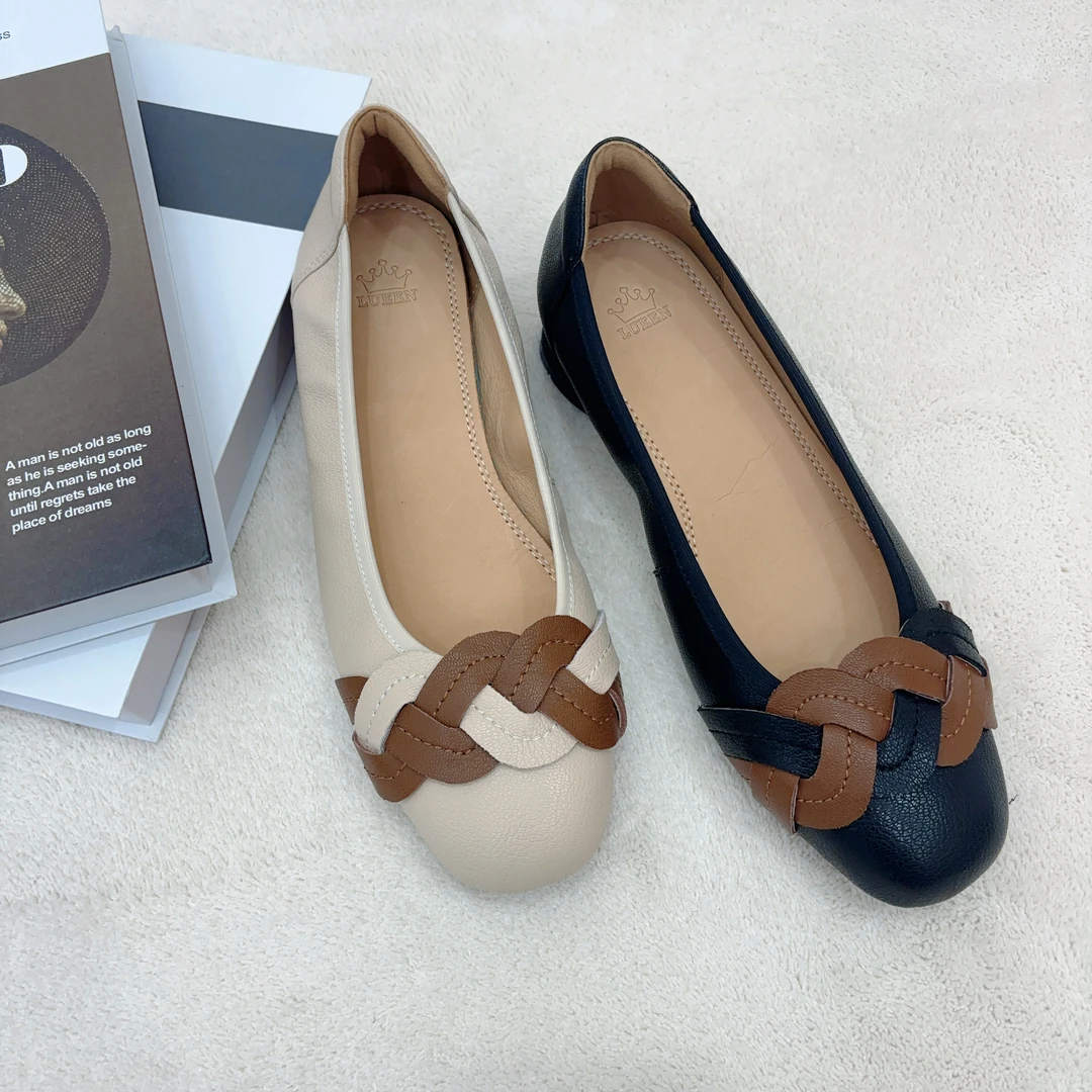 羊皮/3cm时尚粗跟百搭夏季软底妈妈鞋休闲女鞋浅口低跟单鞋