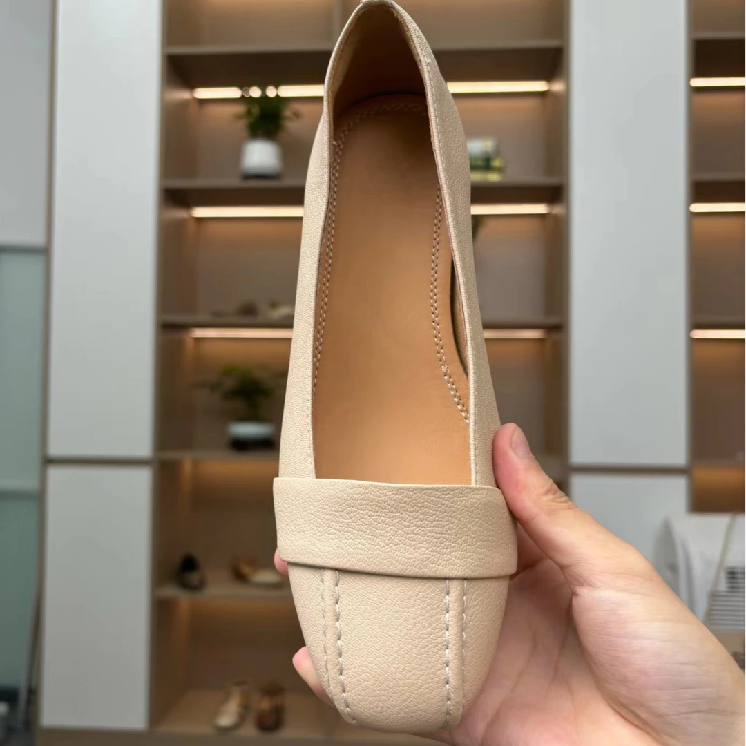 羊皮/3cm气质时尚粗跟女鞋浅口低跟单鞋真皮女鞋休闲圆头鞋