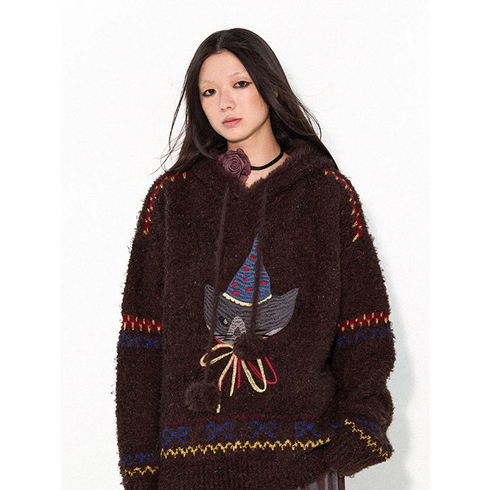 物理少年「巧克力喵」连帽刺绣毛衣