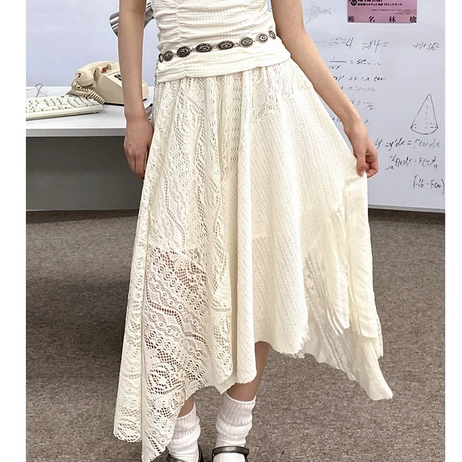 化学少女「氧气电台」时尚夏季A字蕾丝拼接半身裙下摆散边设计裙子
