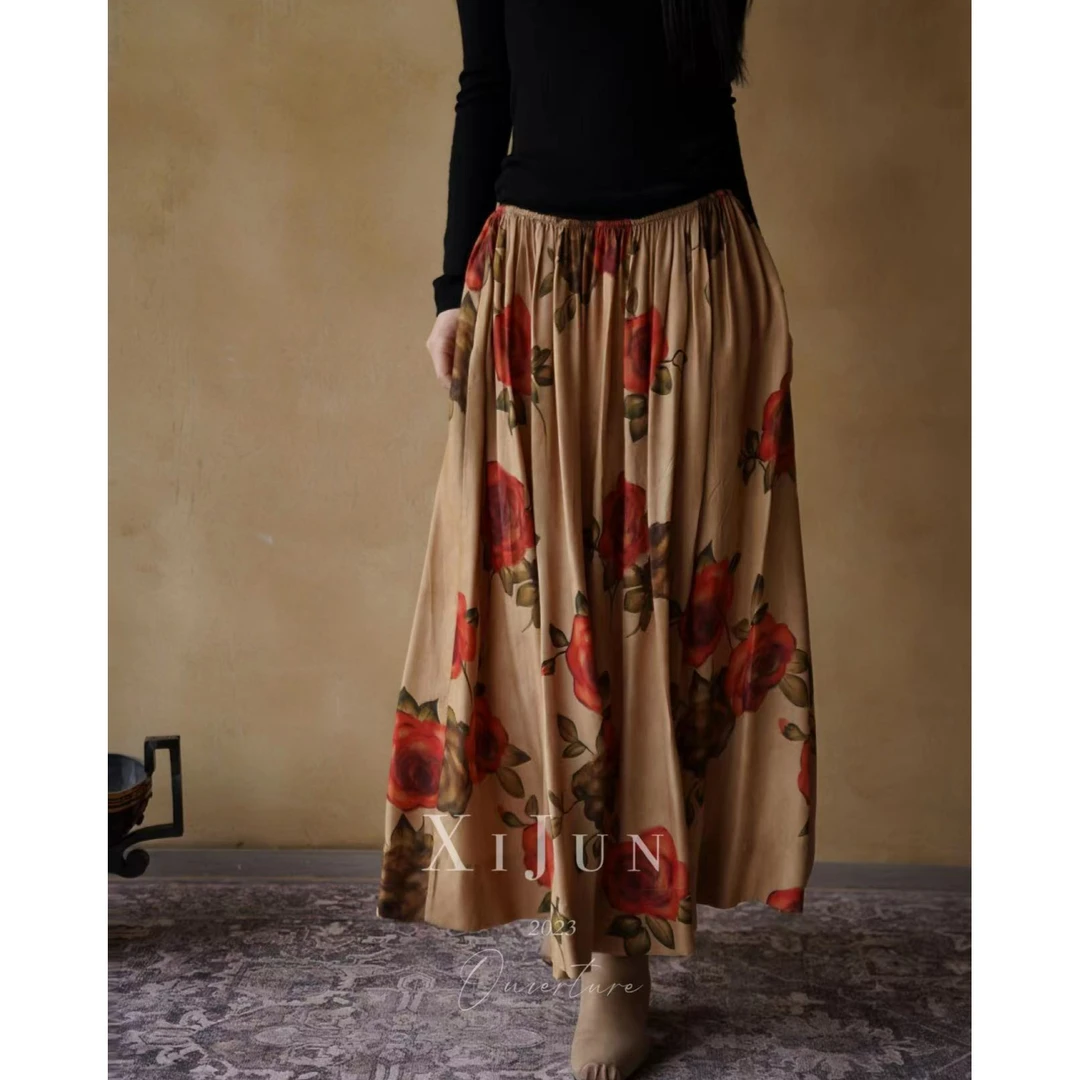 爱人玫瑰 油画系列进口铜氨丝法式印花小众设计感半身裙