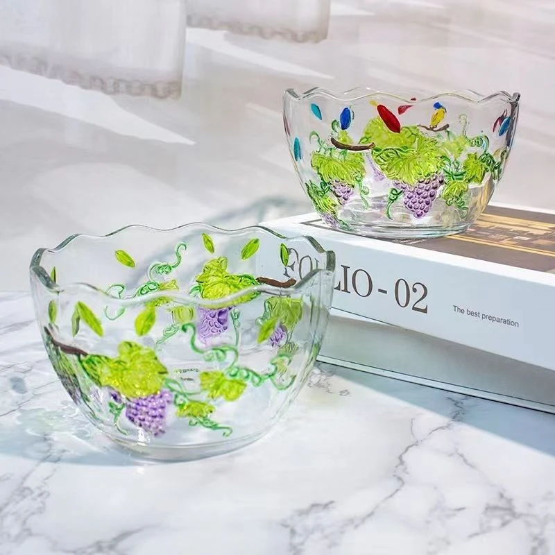 浮雕彩绘葡萄碗水果沙拉玻璃碗家用加厚无铅中式沙拉碗玻璃碗