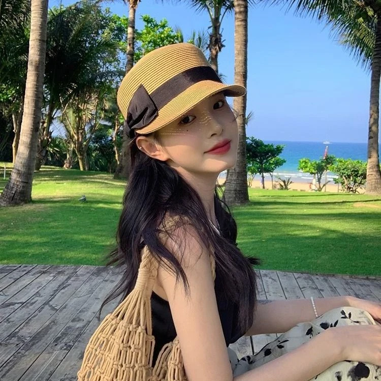 夏季新款大蝴蝶结草编马术帽女出游遮阳潮复古减龄百搭鸭舌帽