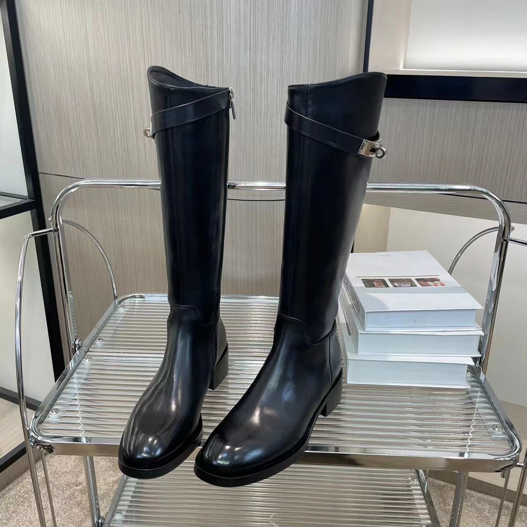 东东2025新款欧货时尚百搭圆头低跟侧拉链显瘦高筒骑士长靴女9643