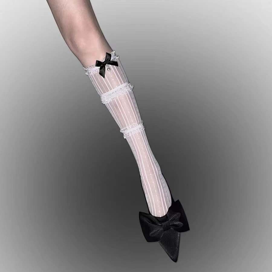 蕾丝中筒花边蝴蝶结珍珠甜美女袜