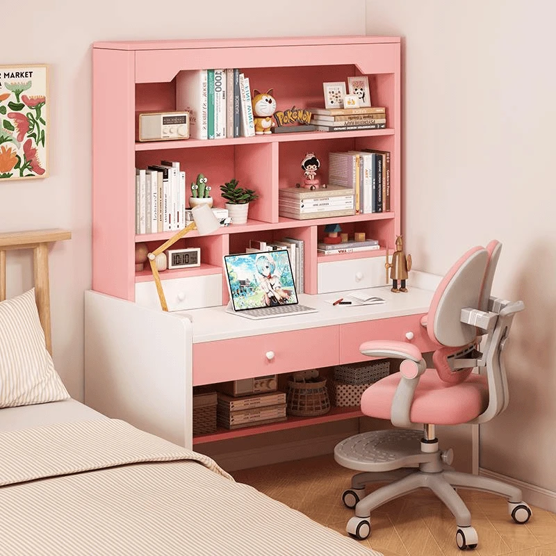 【叁格木家具】书桌学生家用书架书柜一体桌小学生初中生卧室可升降