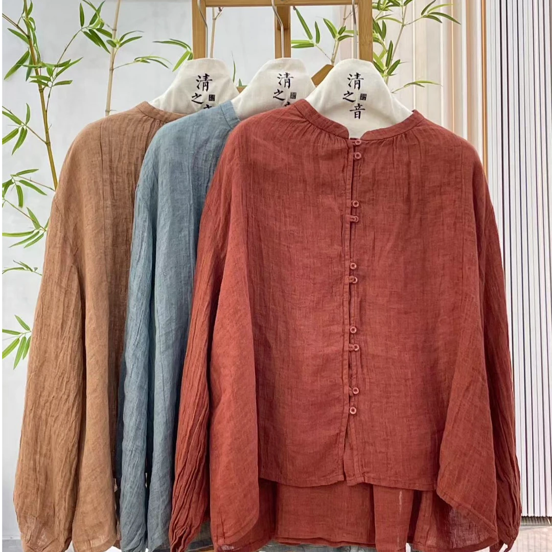 【麻婆心-清风徐来】设计师亚麻时尚宽松休闲女秋季新款洋气上衣
