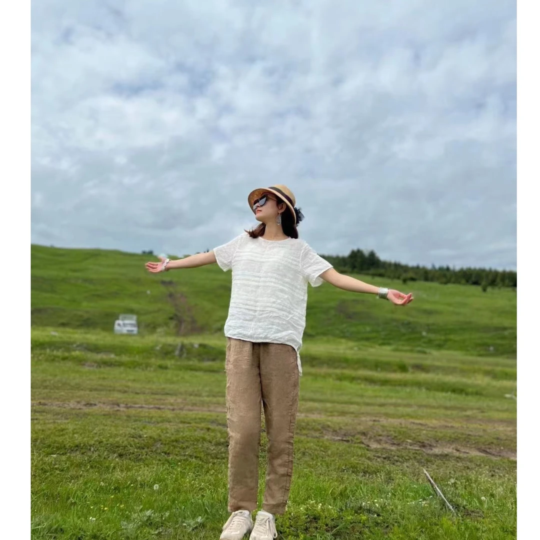 清*音【清爽一夏】白色条纹洋气舒适透气亚麻夏季通勤时尚上衣