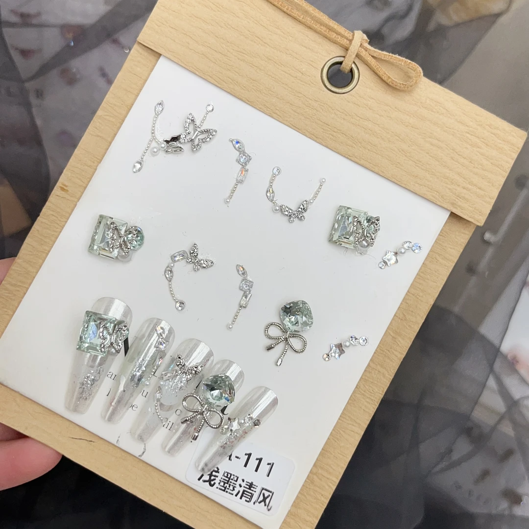 【浅墨清风】美甲饰品材料包新款高品k9浅绿冰糖肥方指甲组合钻包