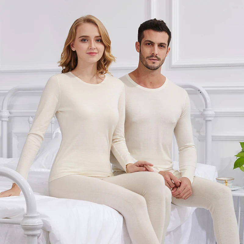 欧美时尚纯山羊绒内衣男女保暖套装圆领贴身羊绒打底衫秋衣裤白红