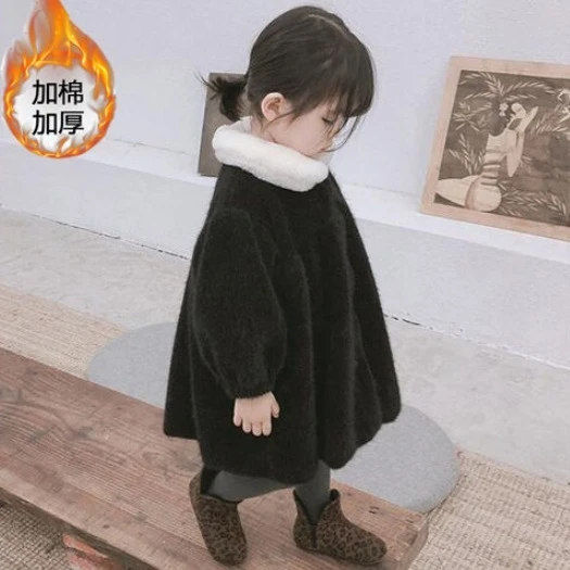 女童2023秋冬款女宝宝中长款加绒外套儿童韩版棉衣洋气毛毛衣外套