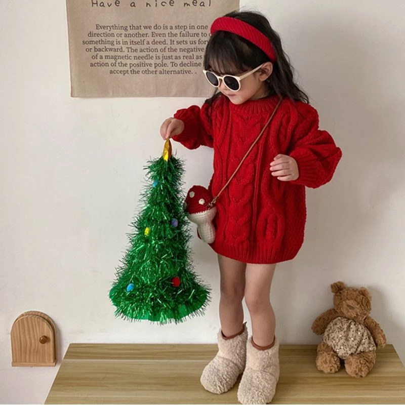 女童洋气中长款毛衣裙韩系秋冬圣诞红色针织衫休闲纯色女童针织衫