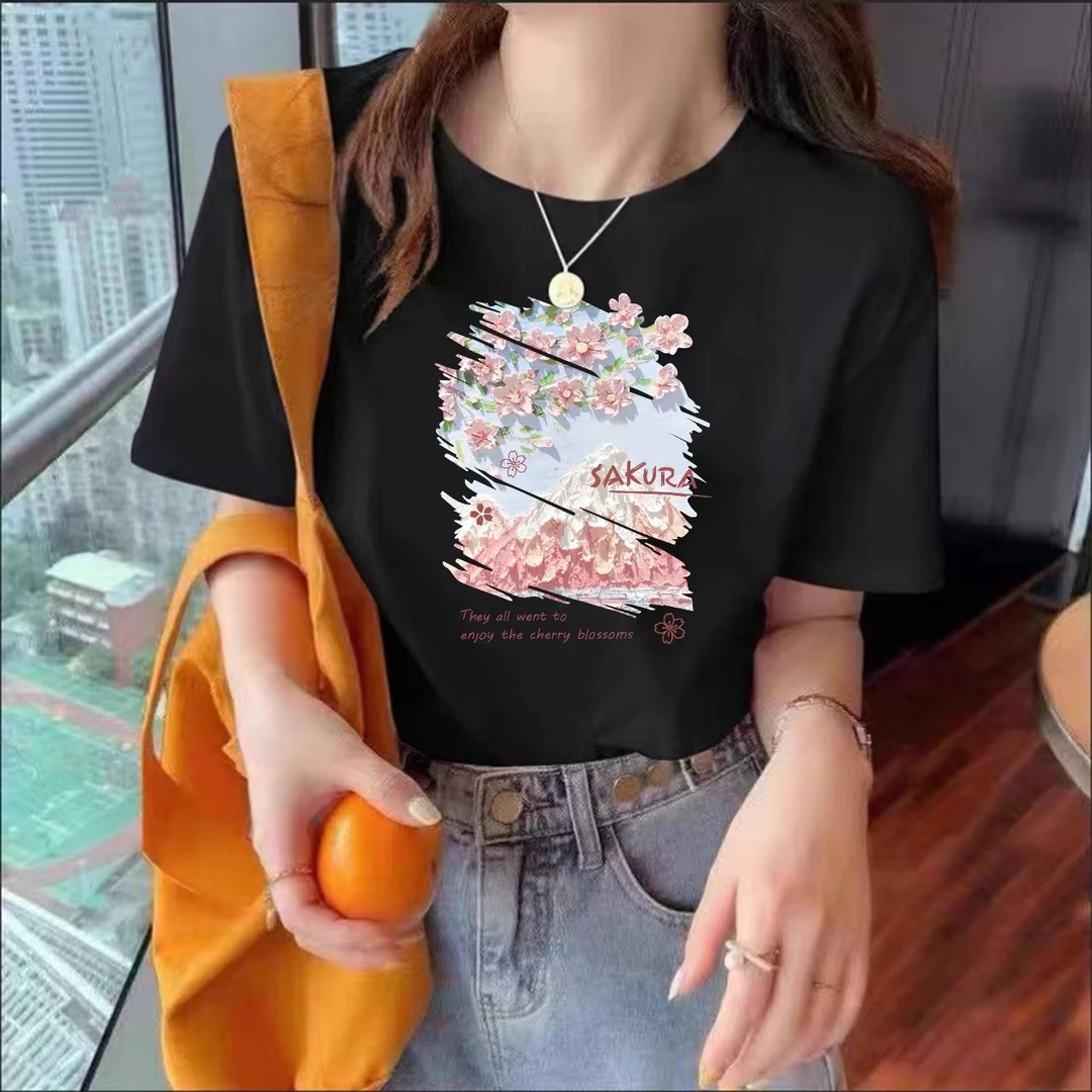 潮流新款短袖百搭T恤男女同款情侣款-山水花