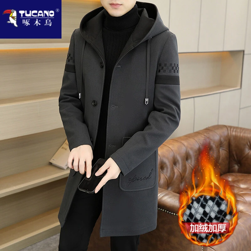 啄木鳥秋冬季高端绵羊毛呢子大衣中长款男士风衣外套韩版修身型纯