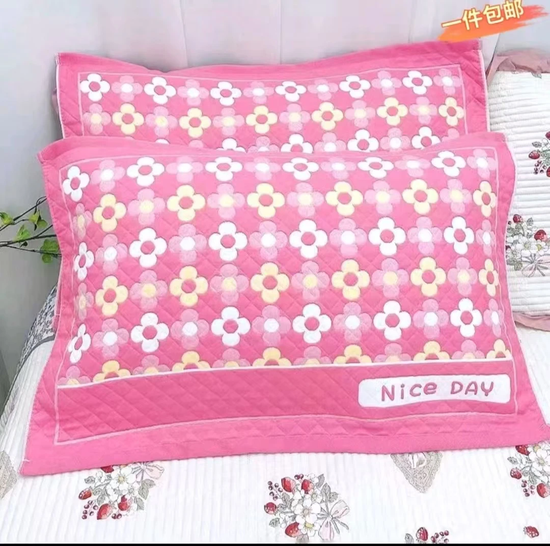 幸福四叶花纱布枕巾一对装加厚耐脏柔软透气吸汗四层枕巾成人学生