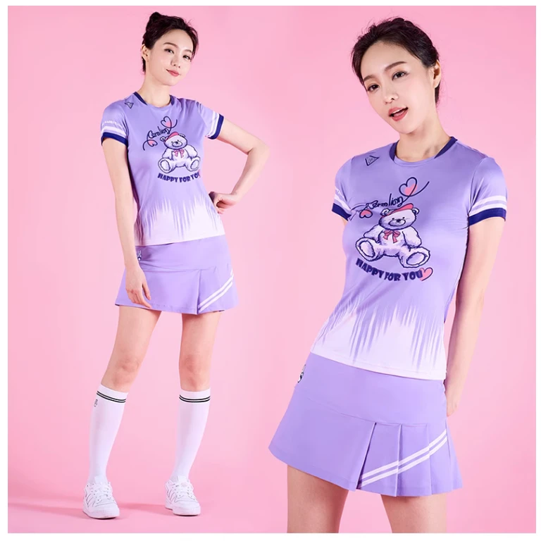 可莱安羽毛球服女套装新款夏季韩国透气速干短袖时尚紫色运动服装