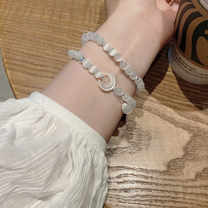 铜合金玻璃手链 灰月光设计感双层手链女轻奢小众串珠叠戴手串