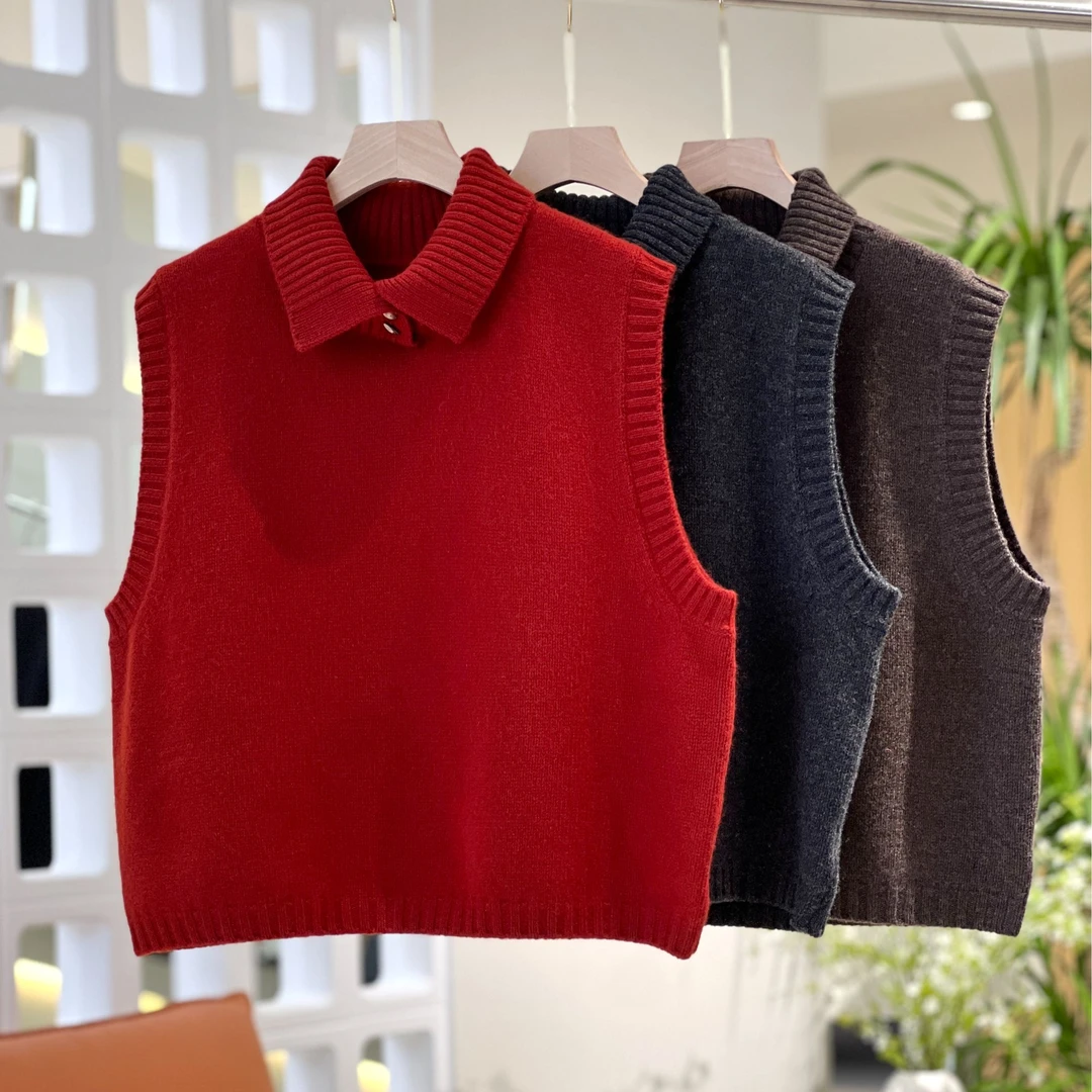 冬季叠穿羊毛马夹翻领衫秋冬宽松韩版无袖毛衣休闲红色100%羊毛衫