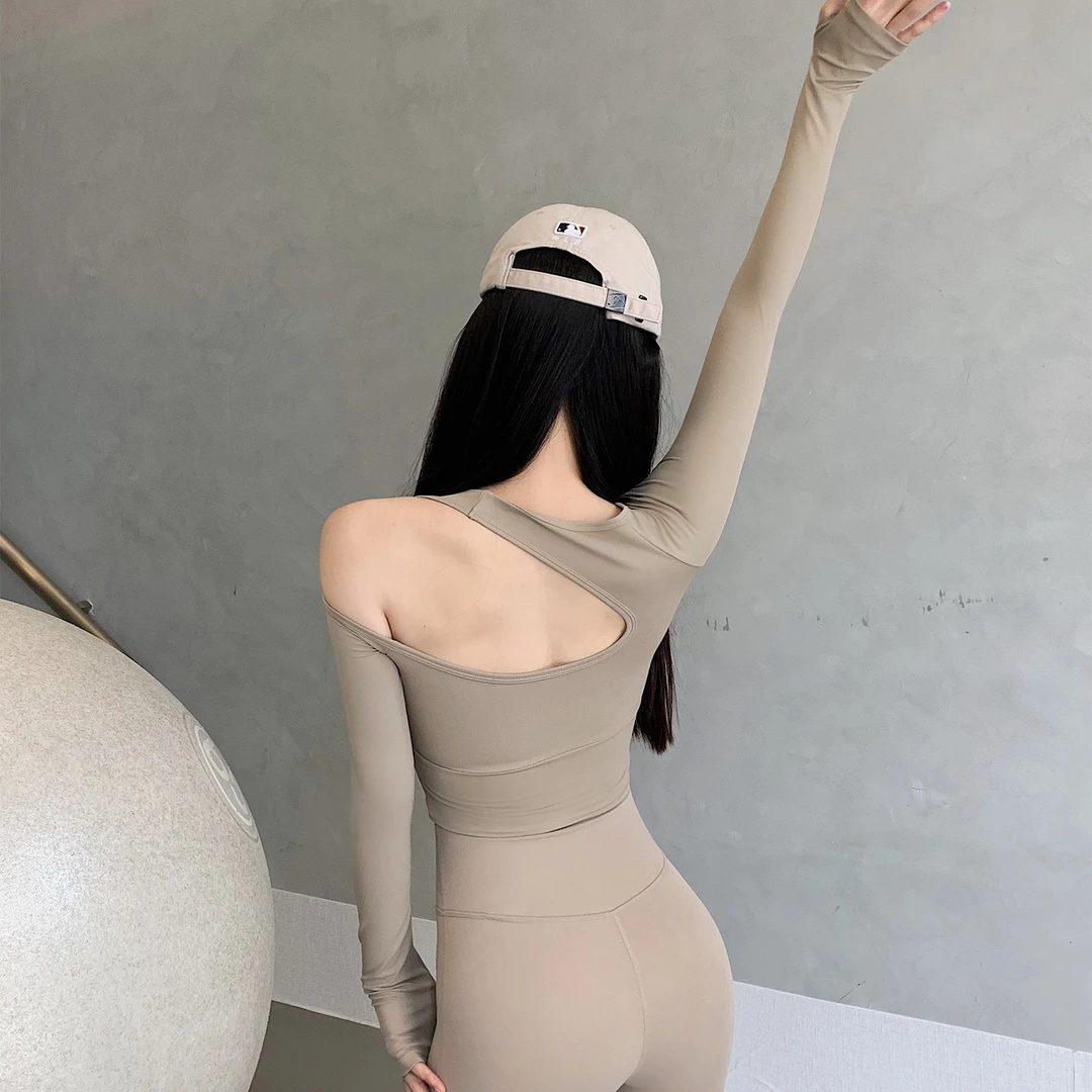 固定杯健身长袖后背镂空瑜伽服外穿训练紧身上衣外穿假两件运动衫