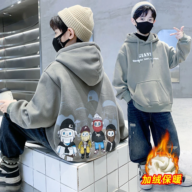 儿童服装男童卫衣加绒秋冬新款中大童男孩冬季一体绒连帽上衣洋气