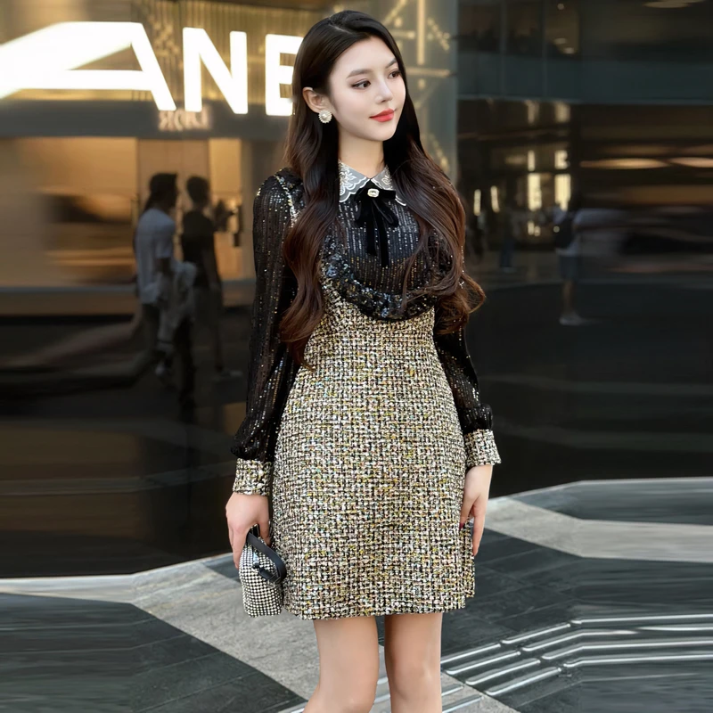 2024春秋新款名媛连衣裙重工拼接网纱小香风气质拼接呢子a字裙子