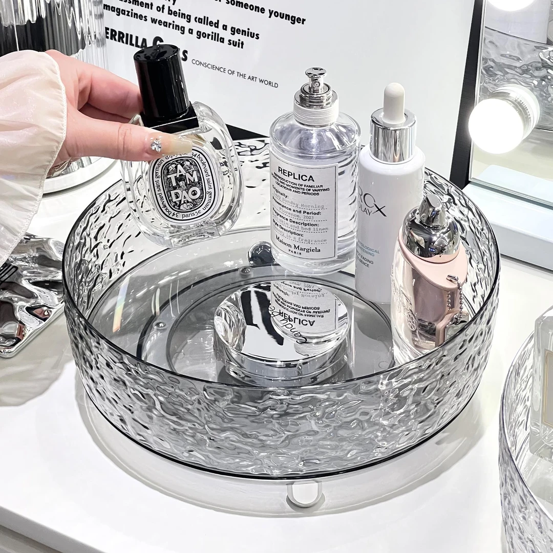 旋转化妆品收纳盒桌面梳妆台透明大容量亚克力香水盘护肤品圆形