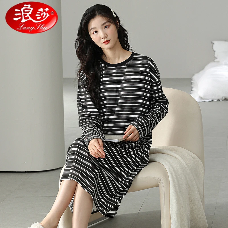 浪莎春秋季新款睡裙女士长袖条纹舒适可外穿中长款休闲宽松家居服