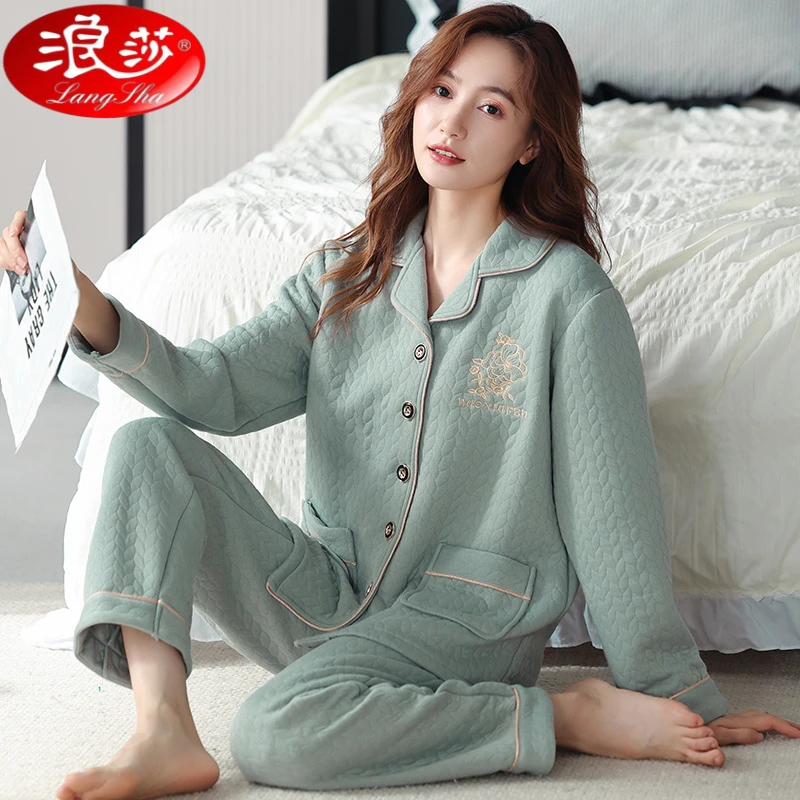 浪莎睡衣女士秋冬季夹层长袖翻领2025新款加厚保暖大码家居服套装