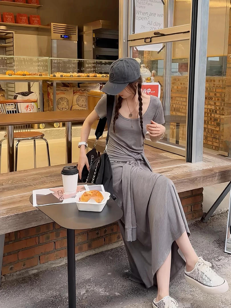 【遮肚长裙】慵懒感大码连衣裙长款莫代尔垂坠感假两件绑带短袖长裙