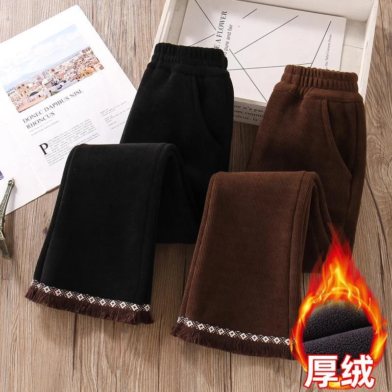 女童裤子冬款加绒加厚保暖网红黑咖色洋气中大童冬天一体绒喇叭裤